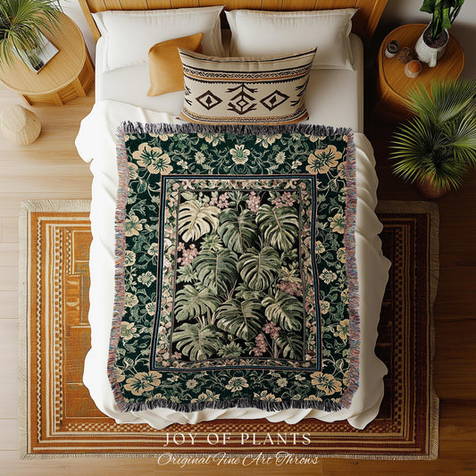 Verdant Flora Jungle Leaves Blanket | Maximalist Forestcore Tapestry Woven Wall Art Whimsical Plant Themed Cottagecore Inspired Home Decor