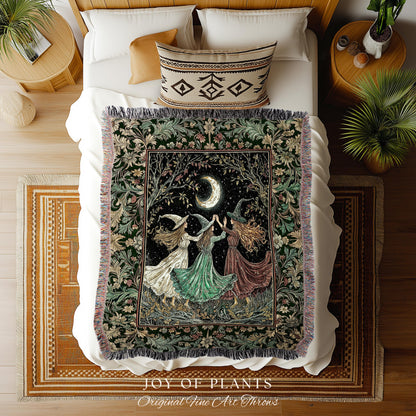 Wiccan Folklore Witch Tapestry Blanket | Sorceress Sisters Mystic Academia Cozy Wiccan Woven Throw Mystic Aesthetic Gothic Elegant Halloween