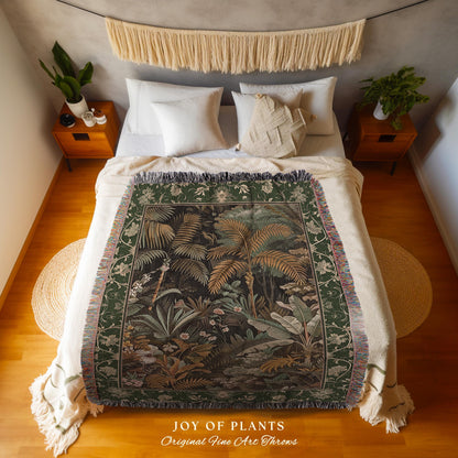 Maximalist Botanical Jungle Throw Blanket | Exotic Leaf Tropical Nature Theme Bedroom Decor Vintage Elegance Living Room Woven Tapestry |