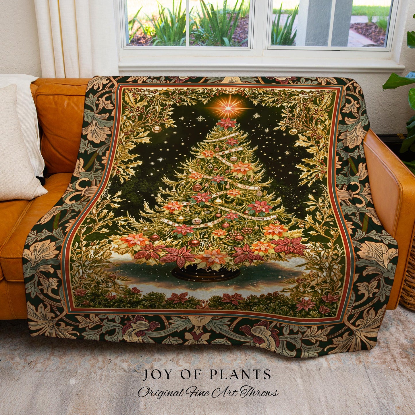Golden Light Elegant Holiday Throw | Baroque Christmas Woven Wall Tapestry Floral Tree Blanket Ornate Decor Cozy Vintage Holiday Aesthetic