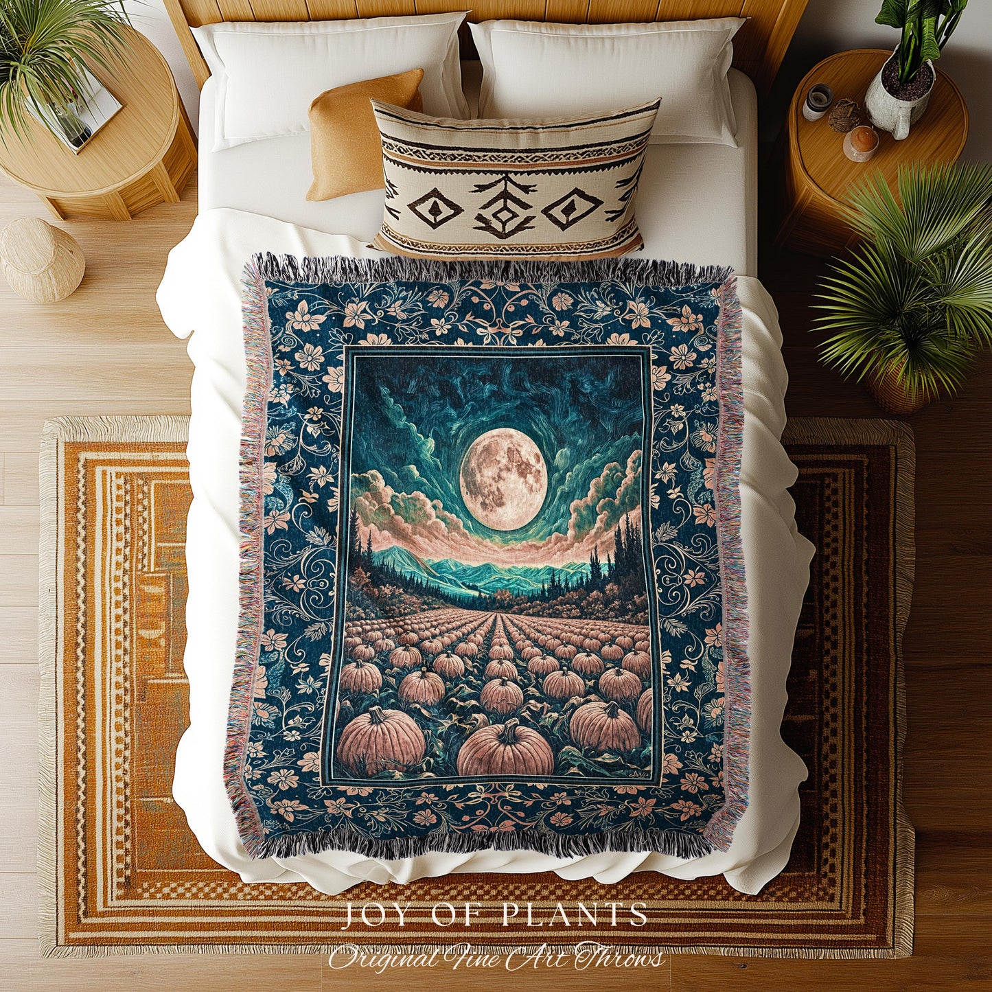 Fall Pumpkin Patch Cozy Blanket | Whimsical Dark Academia Aesthetic Autumn Woven Wall Tapestry Rustic Throw Whimsigoth Halloween Aesthetic