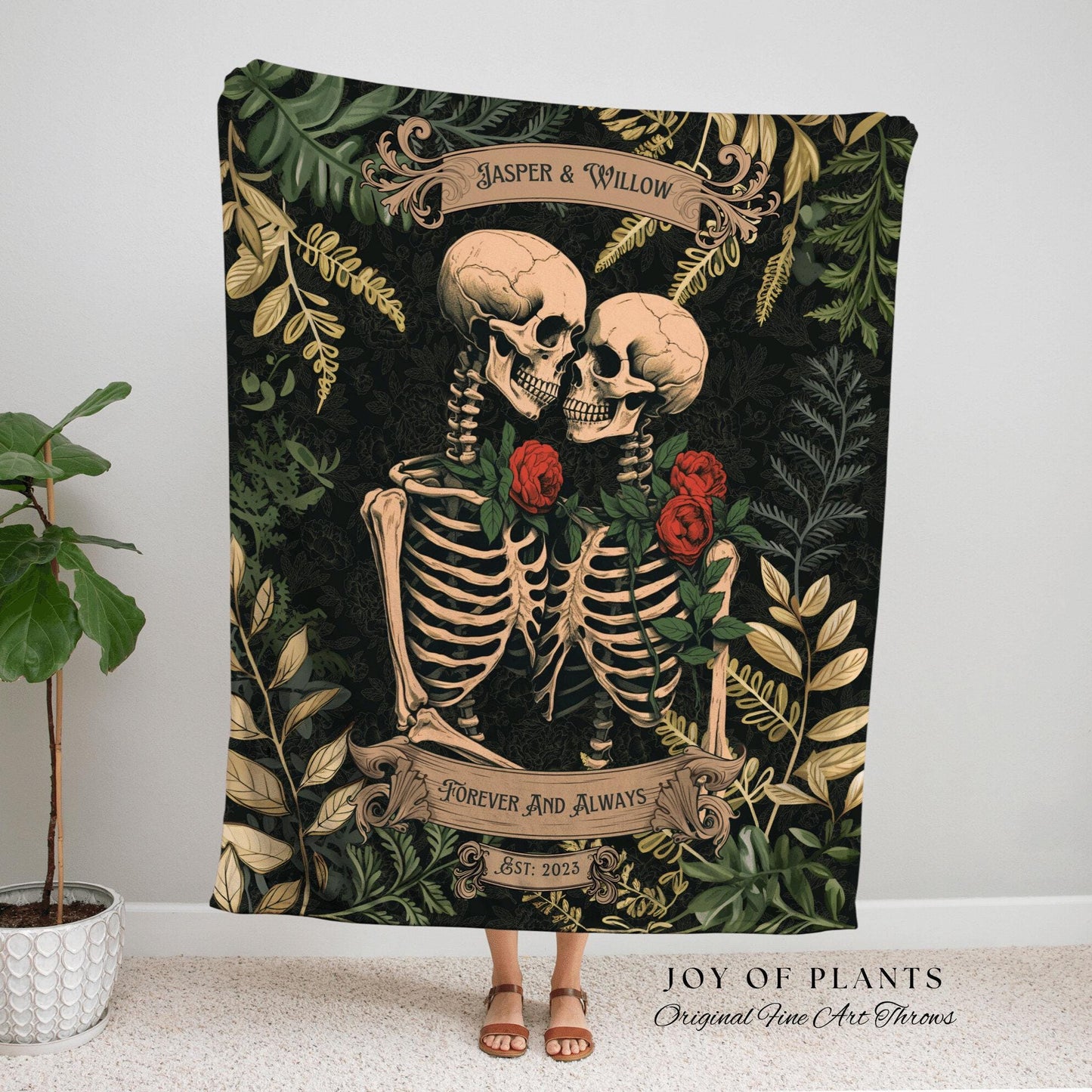 Skeleton Lovers Personalized Blanket | Gothic Wedding Custom Blanket Woven Tapestry Spooky Wedding Personalized Anniversary Gift For Goths |
