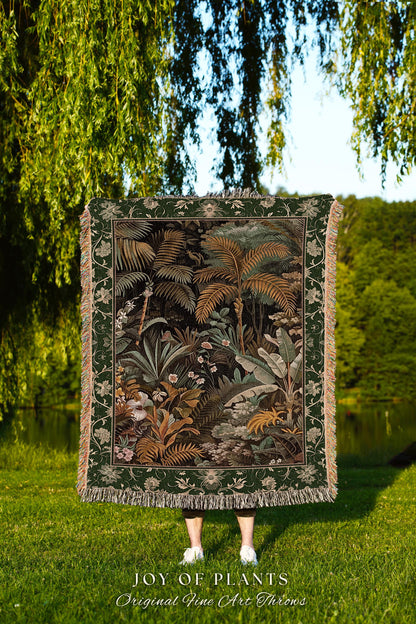 Maximalist Botanical Jungle Throw Blanket | Exotic Leaf Tropical Nature Theme Bedroom Decor Vintage Elegance Living Room Woven Tapestry |