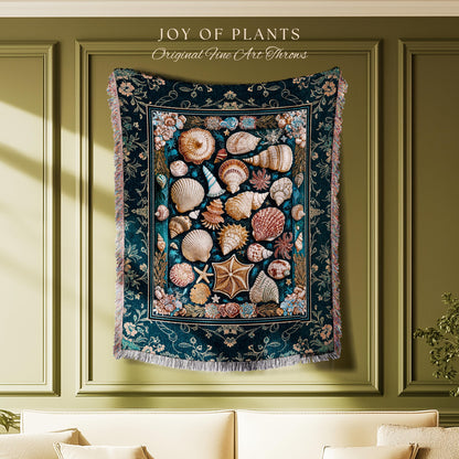 Eclectic Shell Collage Cozy Throw Blanket | Summer Beach House Nautical Bedding Maximalist Aesthetic Mermaidcore Coastal Woven Wall Tapestry