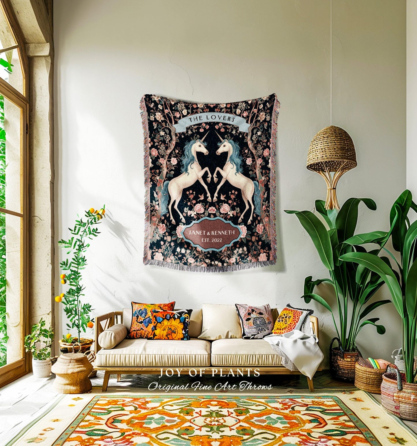 The Lovers Unicorn Couple Custom Woven Tapestry Throw Blanket | Fairytale Wedding Anniversary Keepsake Magical Romance Storybook Whimsy Gift