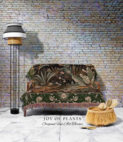 Maximalist Botanical Jungle Throw Blanket | Exotic Leaf Tropical Nature Theme Bedroom Decor Vintage Elegance Living Room Woven Tapestry |