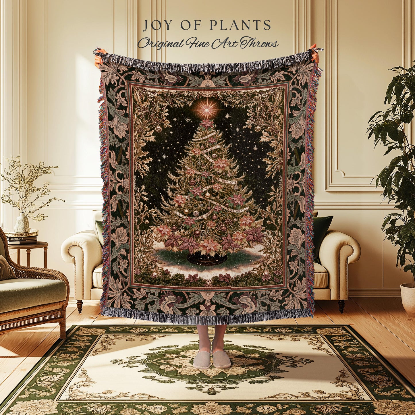 Golden Light Elegant Holiday Throw | Baroque Christmas Woven Wall Tapestry Floral Tree Blanket Ornate Decor Cozy Vintage Holiday Aesthetic