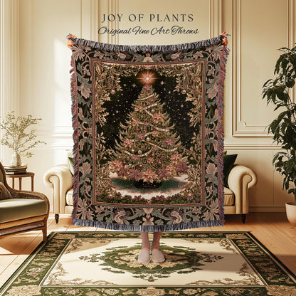 Golden Light Elegant Holiday Throw | Baroque Christmas Woven Wall Tapestry Floral Tree Blanket Ornate Decor Cozy Vintage Holiday Aesthetic