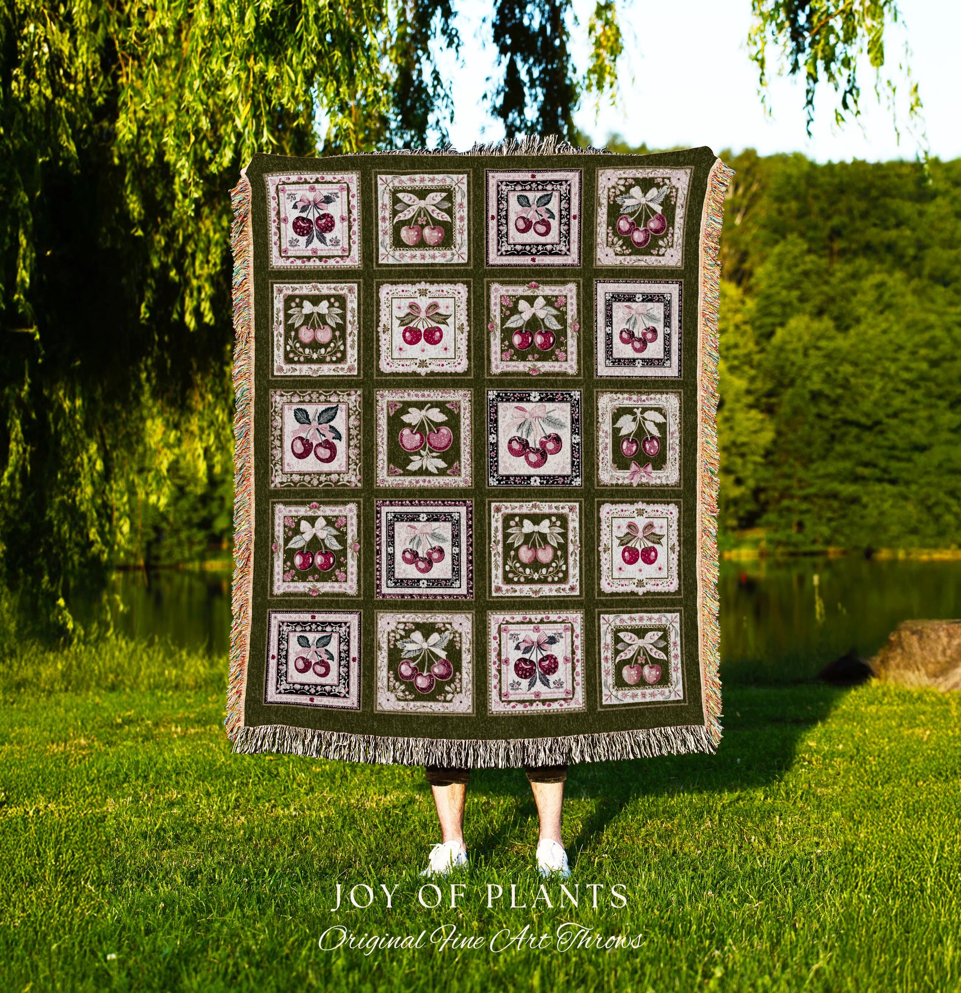 Checkered Farmhouse Cherries Blanket | Light Academia Whimsical Cottagecore Coverlet Pink Woven Wall Art Retro Throw Blanket Cherry Print |
