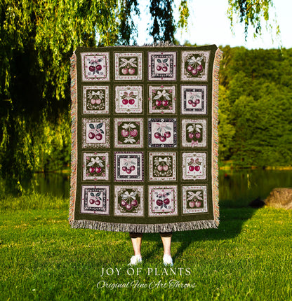 Checkered Farmhouse Cherries Blanket | Light Academia Whimsical Cottagecore Coverlet Pink Woven Wall Art Retro Throw Blanket Cherry Print |