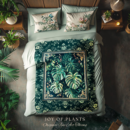 Jungle Inspired Emerald Green Coverlet | Monstera Throw Blanket Moody Bedroom Tapestry Woven Wall Art Trendy Tropigoth Room Accent Botanical