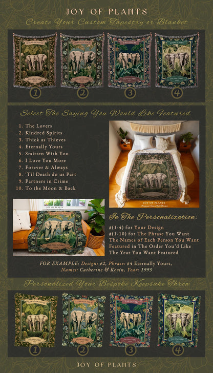 Tropical Botanical Elephant Couple Blanket | Jungle Tapestry Wedding Throw Personalized His & Hers Names Custom Anniversary Gift Cute Throw
