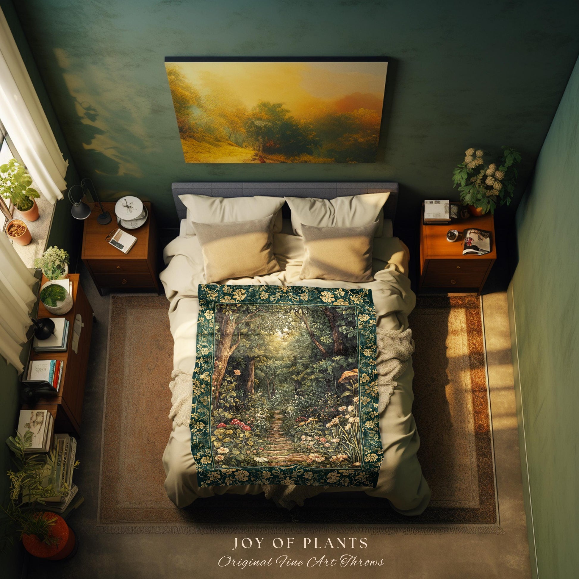 Botanical Bedroom Throw Blanket Fairycore | Woodland Mushroom Aesthetic Nature Lover Book Nook Wall Tapestry Woven Emerald Green Decor |