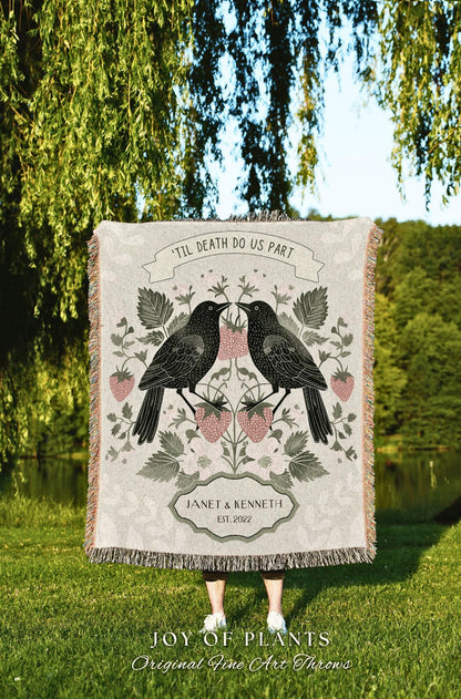 Scandinavian Custom Couple Blanket | Strawberry Aesthetic Woven Throw Custom Dating Anniversary 'Til Death do us Part' Raven Tapestry Gift |