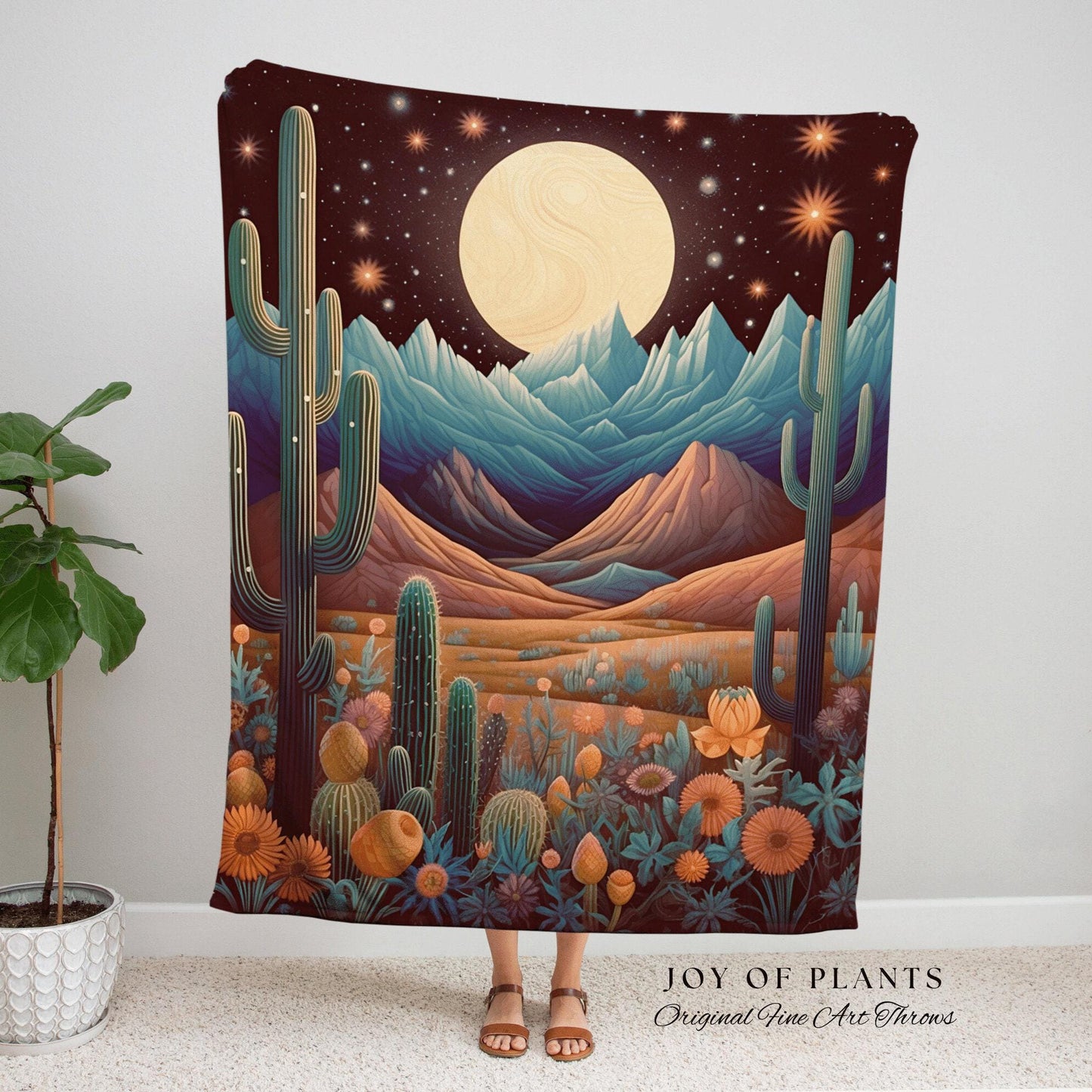 Vintage Desert Moon Blanket | Southwestern Home Decor Housewarming Gift Blanket Cactus Aesthetic Blanket Woven Tapestry Boho Desert Decor |