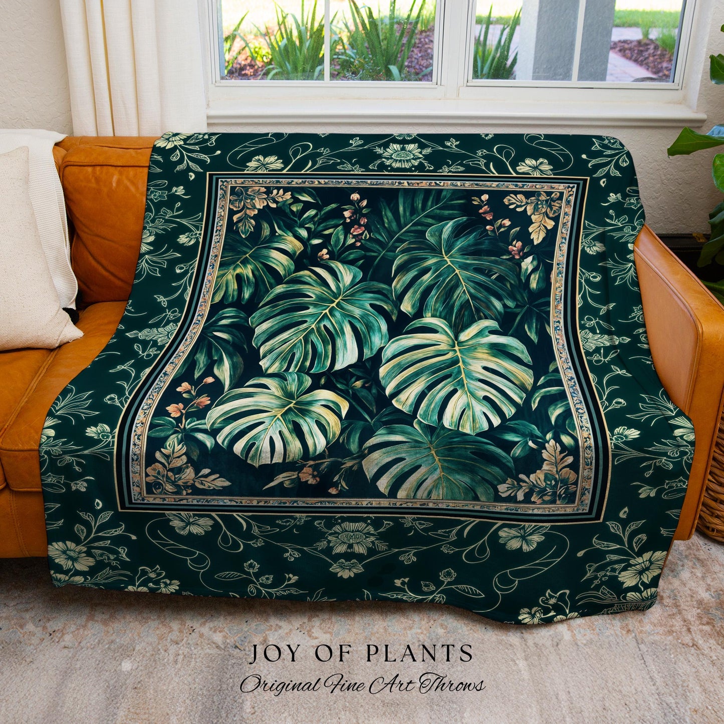 Jungle Inspired Emerald Green Coverlet | Monstera Throw Blanket Moody Bedroom Tapestry Woven Wall Art Trendy Tropigoth Room Accent Botanical