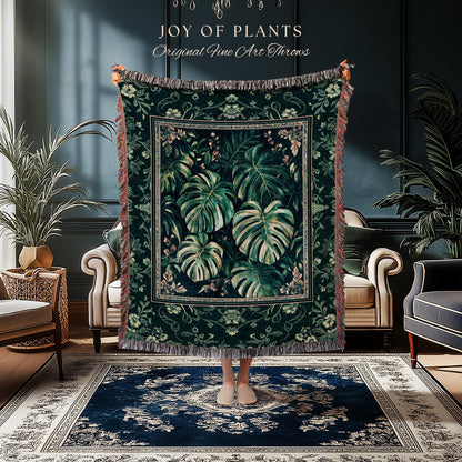Jungle Inspired Emerald Green Coverlet | Monstera Throw Blanket Moody Bedroom Tapestry Woven Wall Art Trendy Tropigoth Room Accent Botanical