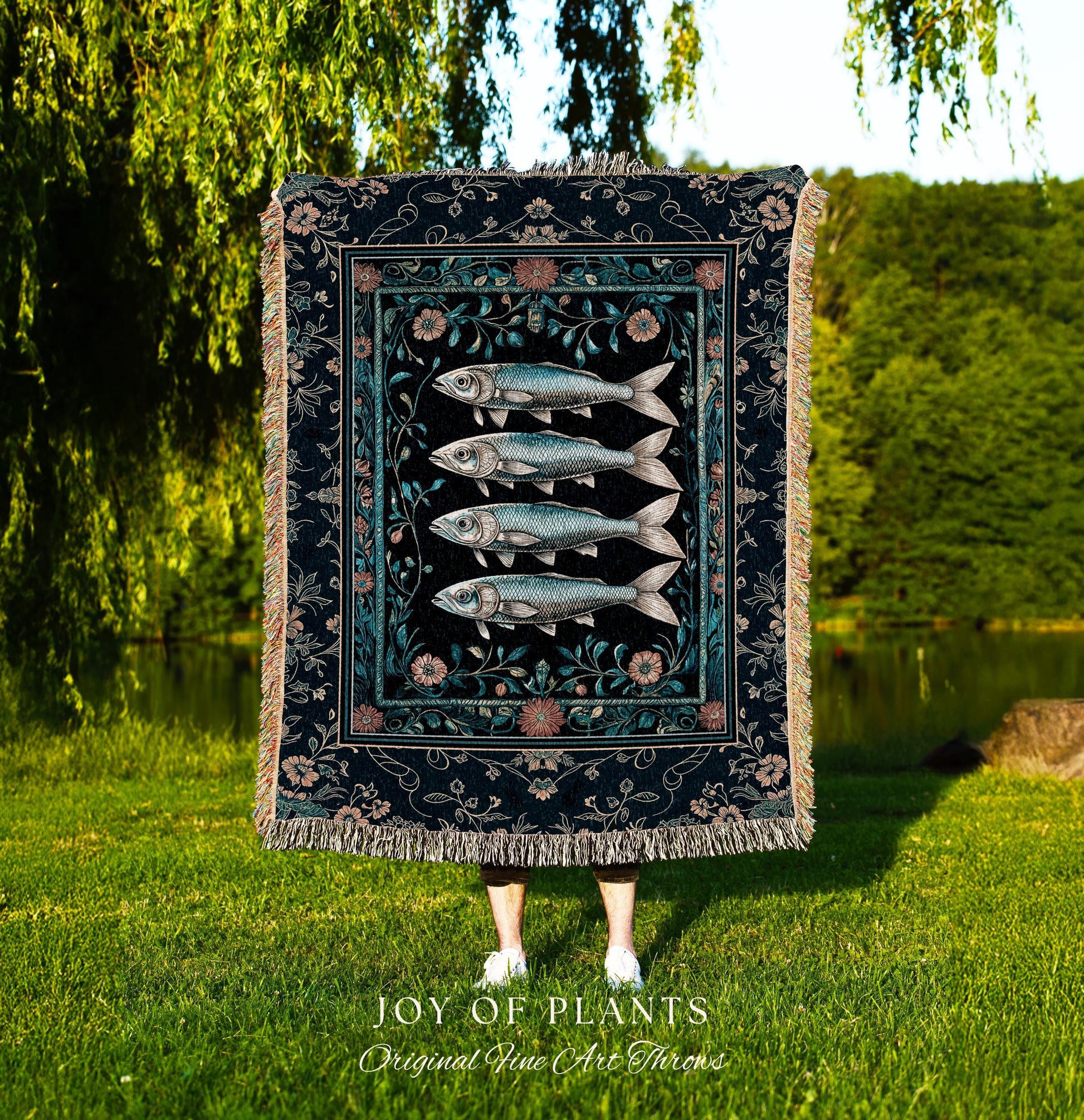 Modern Lake House Cozy Throw Blanket | Indie Coastal Themed Woven Throw Blanket Ocean Eclectic Sea Life Tapestry Sardine Wall Art Rustic |