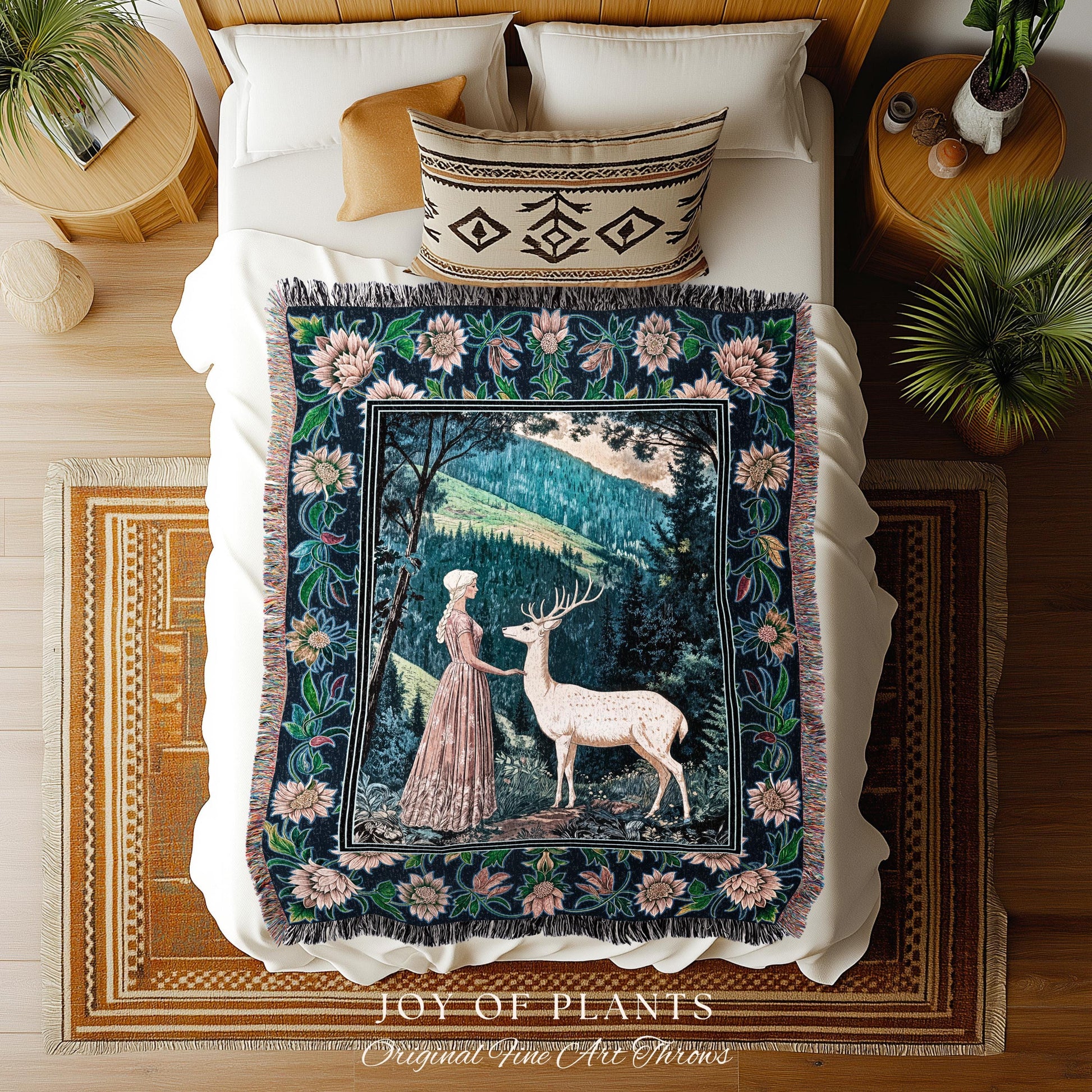 Victorian Floral Fantasy Throw Blanket | Ornate Botanical Landscape Woven Tapestry Maximalist Folklore Wall Art Whimsical Elven Princess |