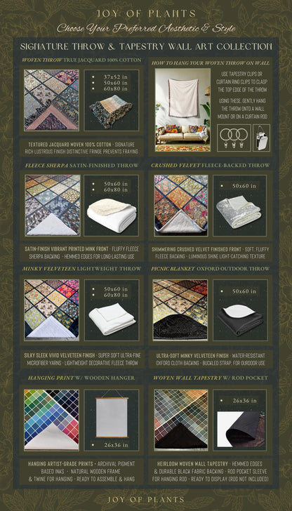 The image is a collection of various textiles and fabrics, including throw blankets, tapestries, and wall art, arranged in a grid format.