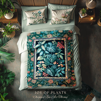Elegant Botanicals Dark Forestcore Blanket | Woodland Fairycore Tapestry Woven Wall Art Dark Cottagecore Vintage Style Moody Bedroom Teal |
