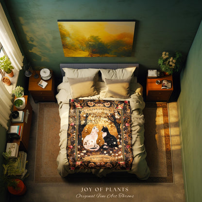 Eternally Yours Cat Couple Personalized Blanket | Dark Floral Woodland Aesthetic Woven Throw Custom Dark Academia Gift for Girlfriend Cute |