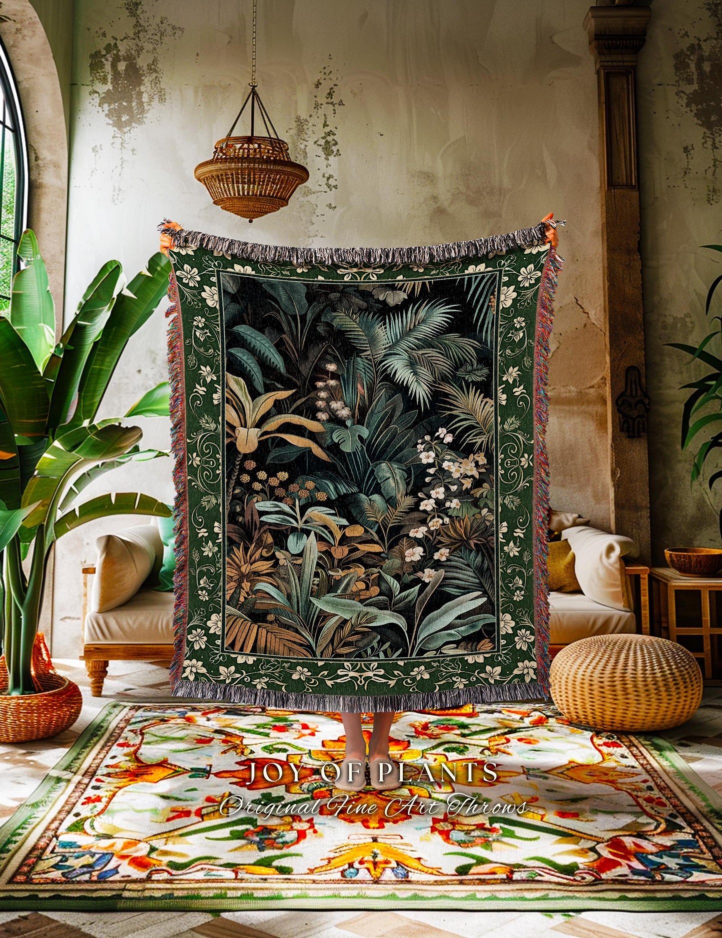 Jungle Leaves Botanical Woven Tapestry | Tropical Jungle Nature Lover Book Nook Cozy Plant Lover Boho Bedroom Decor Elegant Woven Blanket |