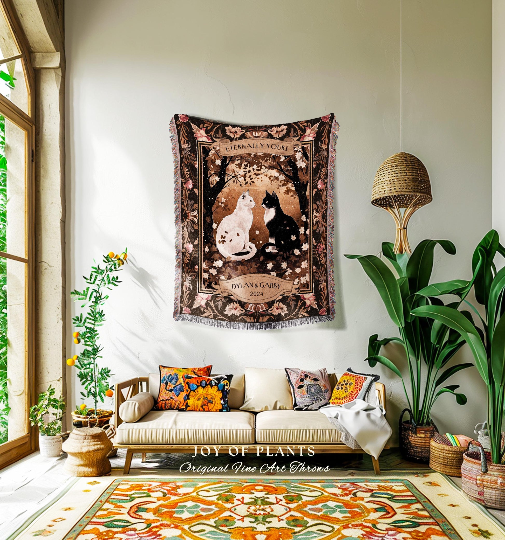 Eternally Yours Cat Couple Personalized Blanket | Dark Floral Woodland Aesthetic Woven Throw Custom Dark Academia Gift for Girlfriend Cute |