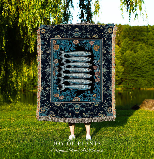 Trendy Coastal Aesthetic Woven Throw Blanket | Eclectic Maximalist Modern Sea Life Tapestry Indie Sardine Wall Art Rustic Nautical Decor |