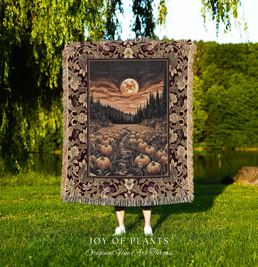 Autumn Night Sky Rustic Fall Throw | Cozy Spooky Pumpkin Vibes Midnight Landscape Decor Whimsigoth Aesthetics Dark Academia Woven Tapestry