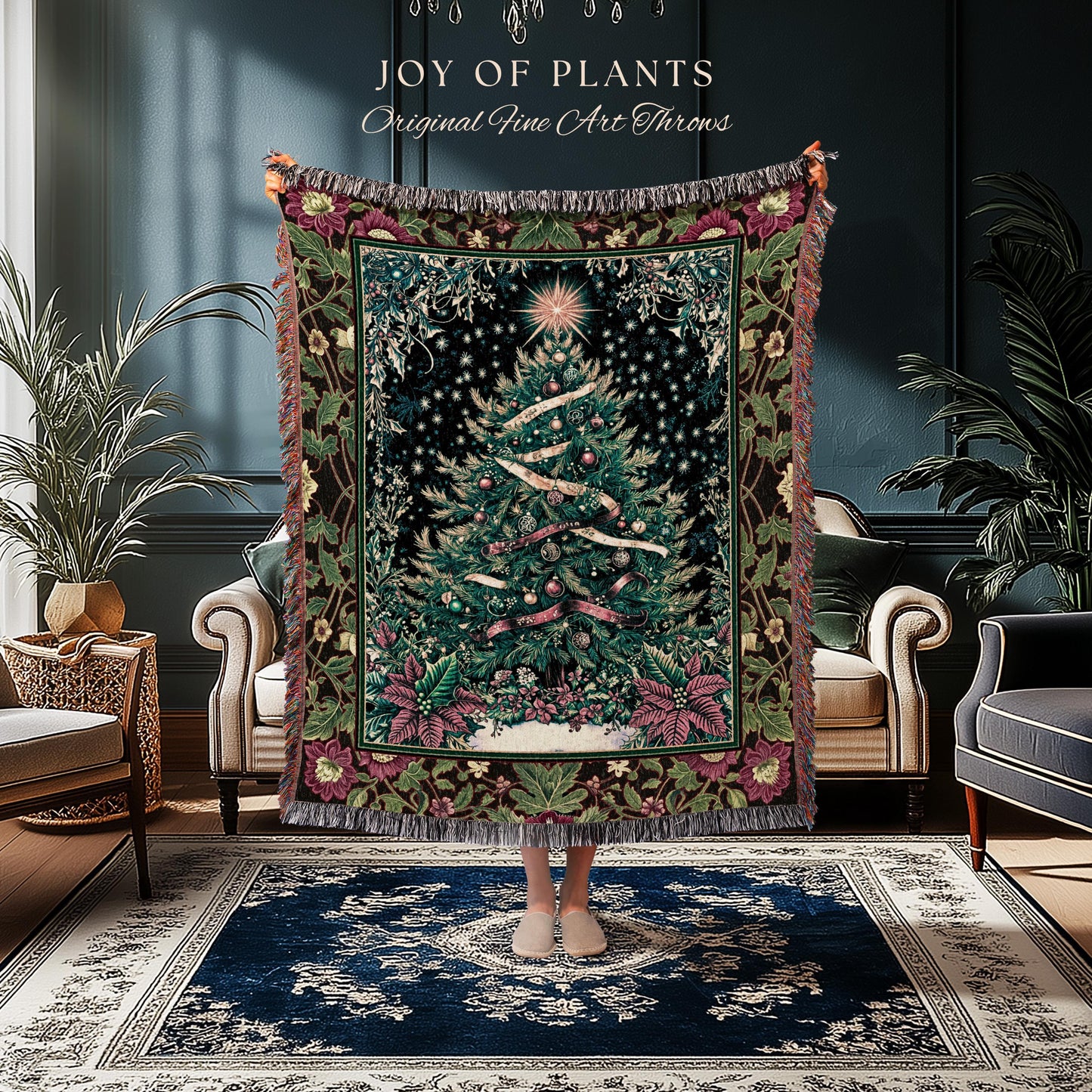 Nostalgic Christmas Tree Woven Blanket | Classic Aesthetic Holiday Tapestry Cozy Starry Night Throw Vintage Winter Decor Cottagecore Style |