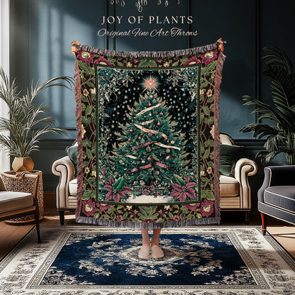Nostalgic Christmas Tree Woven Blanket | Classic Aesthetic Holiday Tapestry Cozy Starry Night Throw Vintage Winter Decor Cottagecore Style |