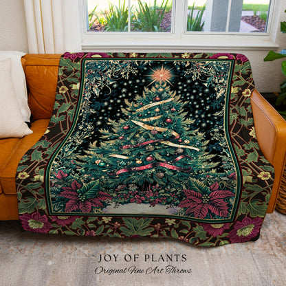 Nostalgic Christmas Tree Woven Blanket | Classic Aesthetic Holiday Tapestry Cozy Starry Night Throw Vintage Winter Decor Cottagecore Style |