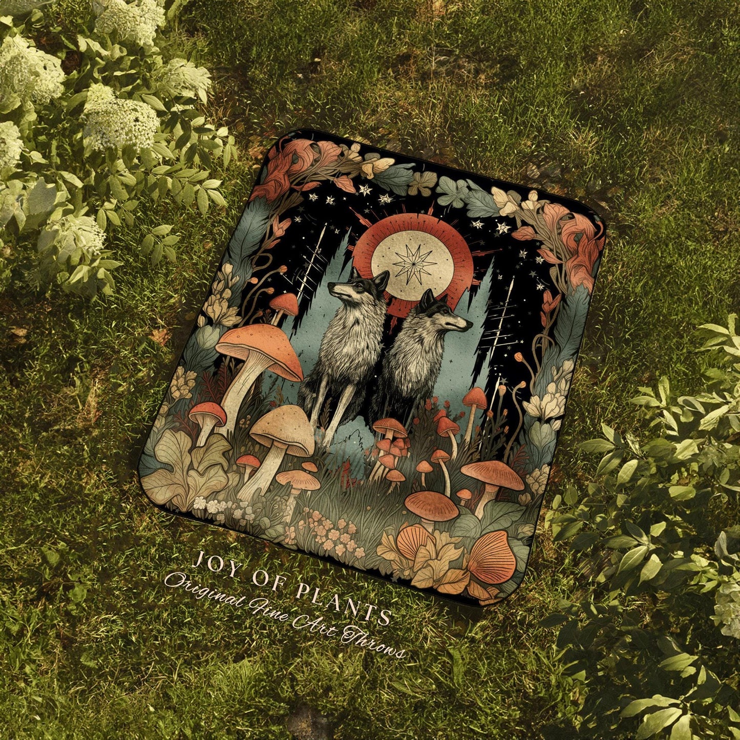 Hygge Woven Wolf Blanket | Scandinavian Housewarming Gift for Wolf Lover Nordic Aesthetic Geometric Tapestry Medieval Style Nordic Throw