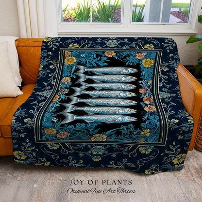 Trendy Coastal Aesthetic Woven Throw Blanket | Eclectic Maximalist Modern Sea Life Tapestry Indie Sardine Wall Art Rustic Nautical Decor |