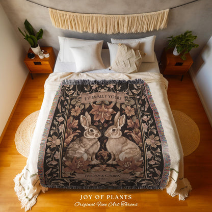 Pastel Florals Romantic Bunny Couple Tapestry | Woodland Fairycore Bunny Blanket Cute Couples Woven Blanket Cottagecore Personalized Throw