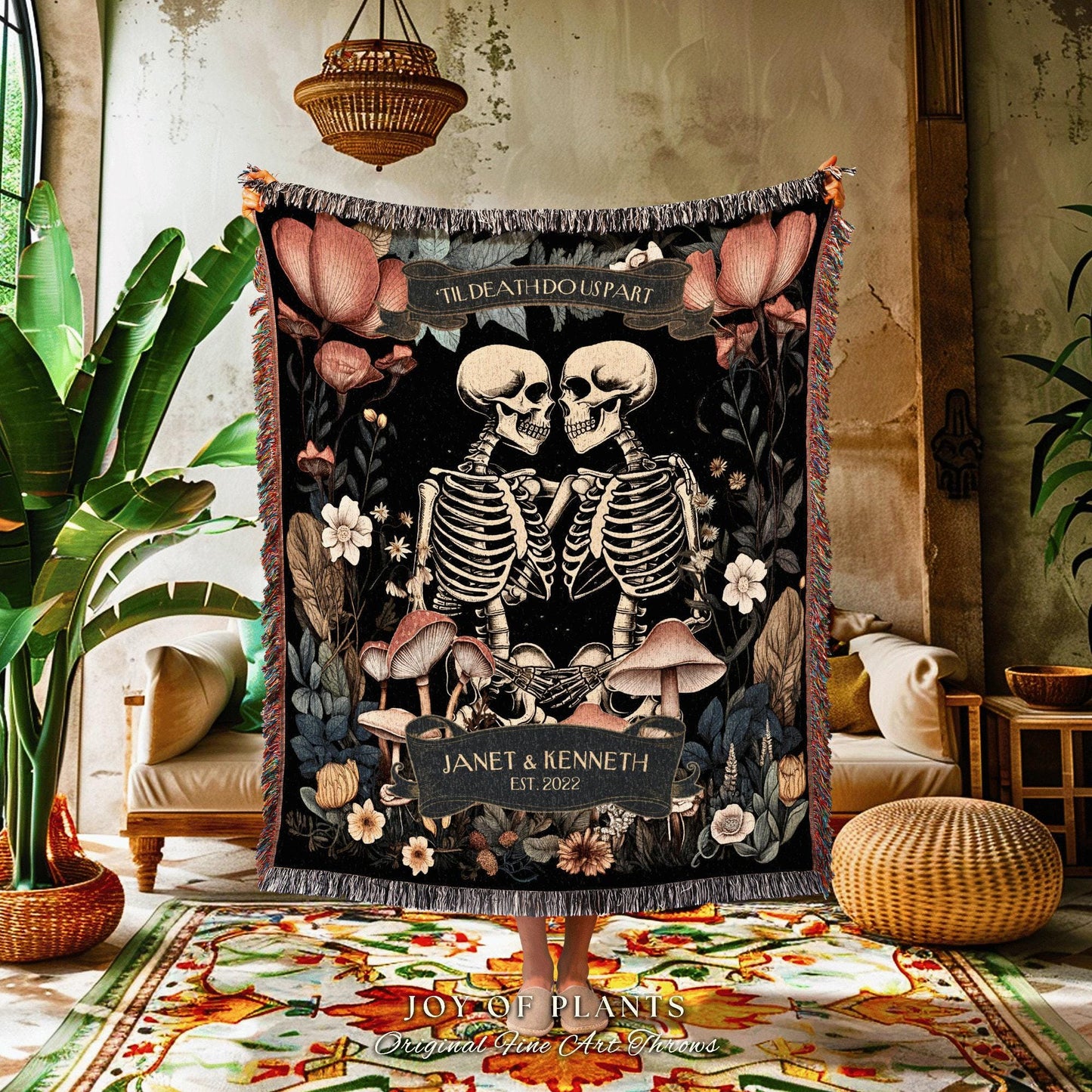 Dark Floral Skeleton Lovers Woven Cotton Throw | Sentimental Anniversary Tapestry Blanket Botanical Skeleton Lover Gift Personalized Couple