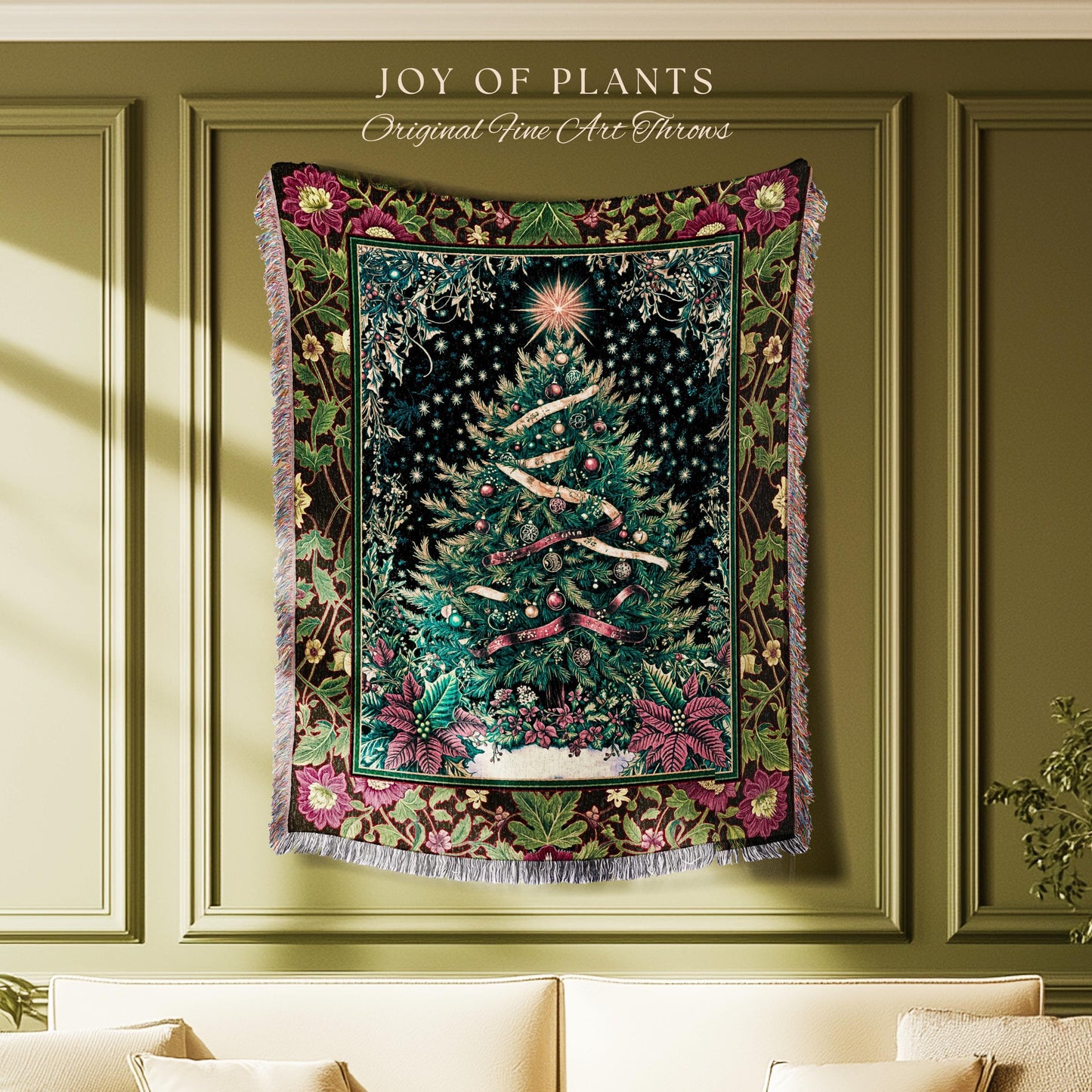 Nostalgic Christmas Tree Woven Blanket | Classic Aesthetic Holiday Tapestry Cozy Starry Night Throw Vintage Winter Decor Cottagecore Style |