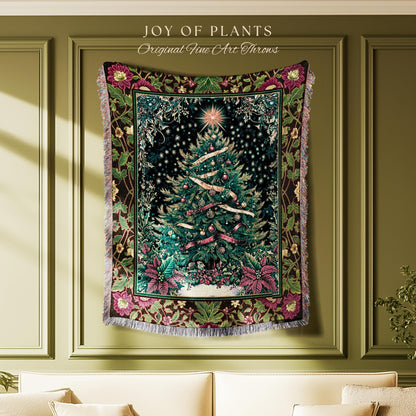 Nostalgic Christmas Tree Woven Blanket | Classic Aesthetic Holiday Tapestry Cozy Starry Night Throw Vintage Winter Decor Cottagecore Style |