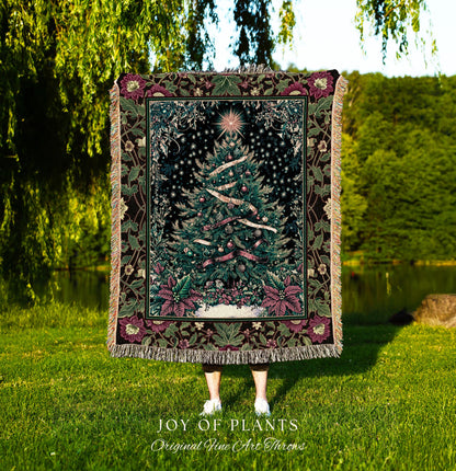 Nostalgic Christmas Tree Woven Blanket | Classic Aesthetic Holiday Tapestry Cozy Starry Night Throw Vintage Winter Decor Cottagecore Style |