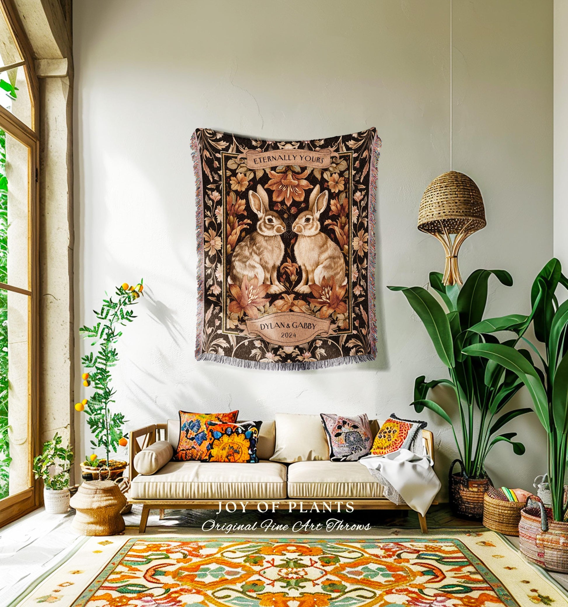 Pastel Florals Romantic Bunny Couple Tapestry | Woodland Fairycore Bunny Blanket Cute Couples Woven Blanket Cottagecore Personalized Throw