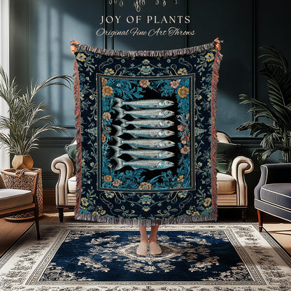 Trendy Coastal Aesthetic Woven Throw Blanket | Eclectic Maximalist Modern Sea Life Tapestry Indie Sardine Wall Art Rustic Nautical Decor |