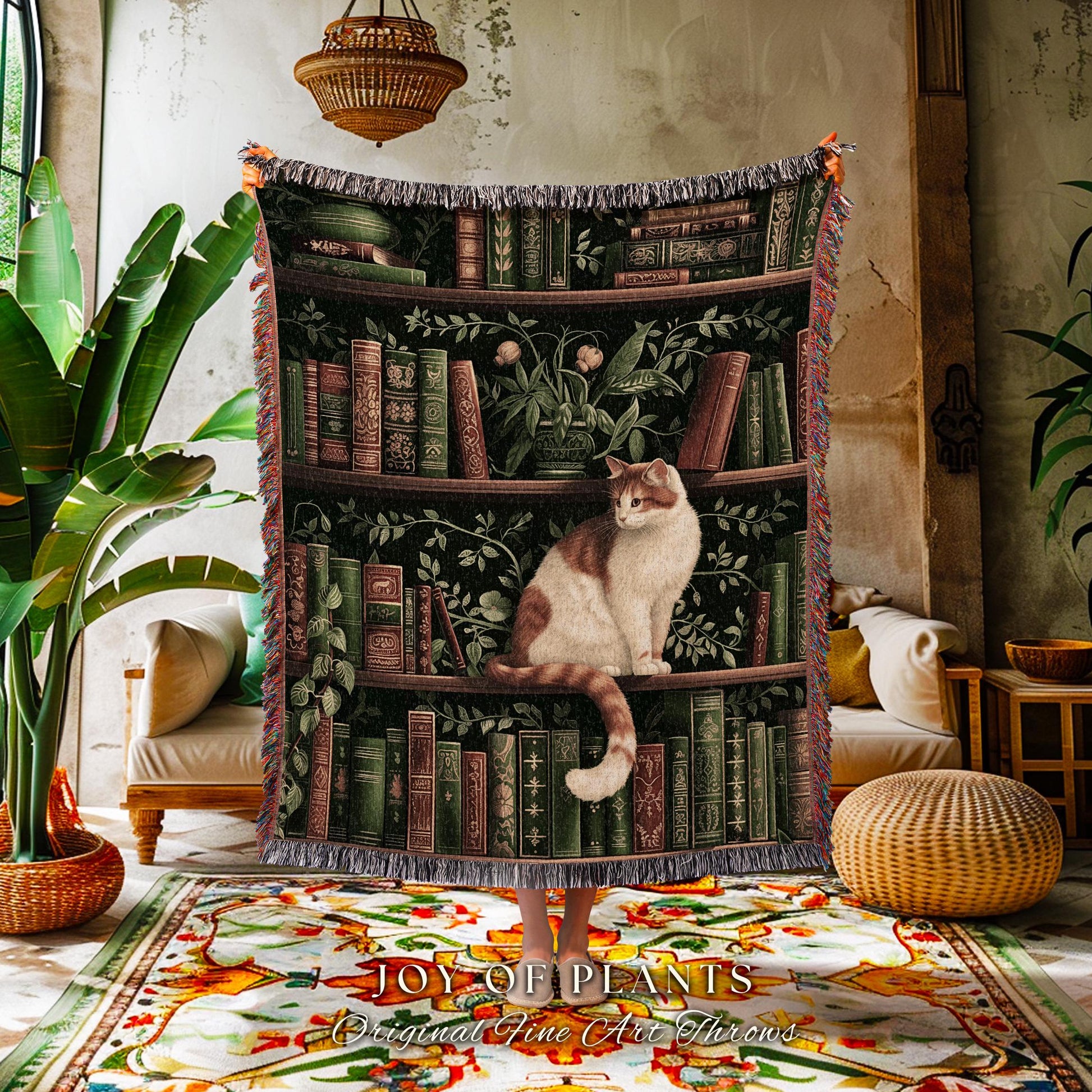 Victorian Gothic Cozy Cat Bookshelf Blanket | Fairycore Ethereal Bedroom Decor Reading Gift Dark Academia Woven Tapestry Wall Art Botanical