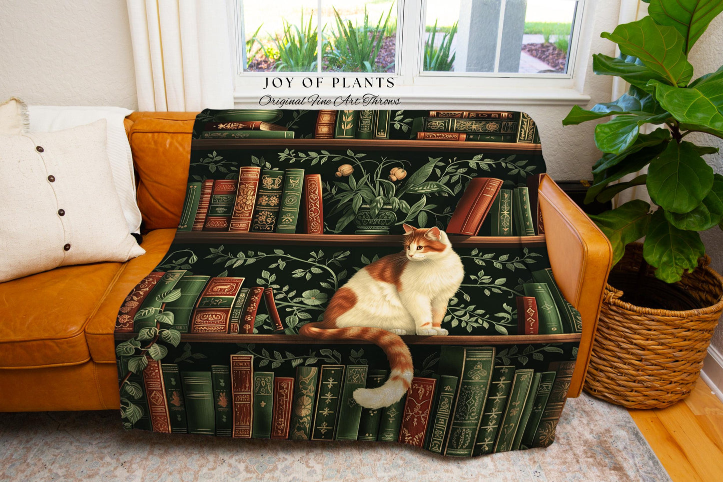 Victorian Gothic Cozy Cat Bookshelf Blanket | Fairycore Ethereal Bedroom Decor Reading Gift Dark Academia Woven Tapestry Wall Art Botanical
