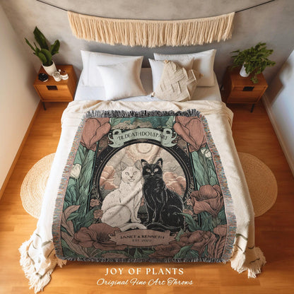Cat Couple Personalized Name Blanket | Tarot Aesthetic Woven Throw Custom His and Hers Gift for Girlfriend Dark Academia Black Cat Tapestry