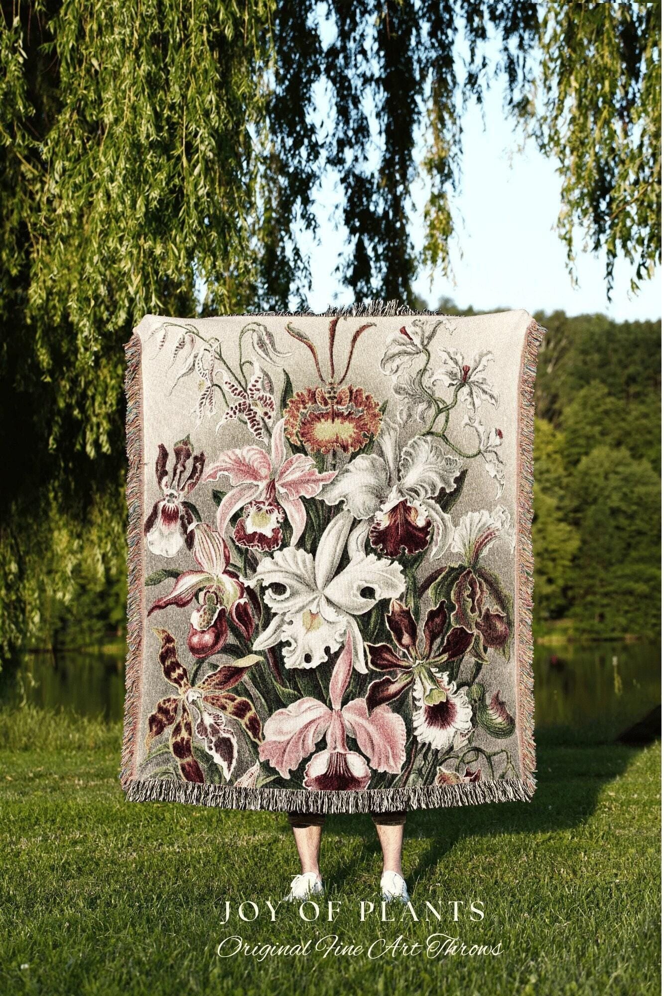 Maximalist Woven Tapestry | Orchid Flower Woven Blanket Vintage Art | Woven Throw Blanket | Vintage Floral Woven Blanket Maximalist Decor |