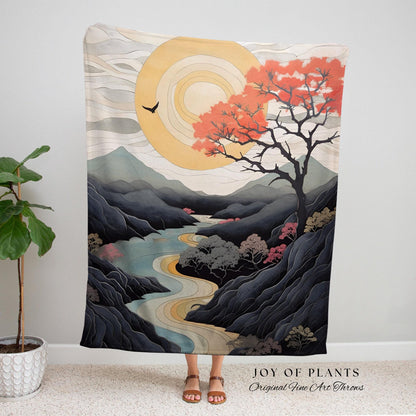 Japanese Landscape Mountain Sun Tapestry Woven Throw Blanket | Tree Tapestry Art Woven Blanket with Nature Japanese Aesthetic Artful Blanket