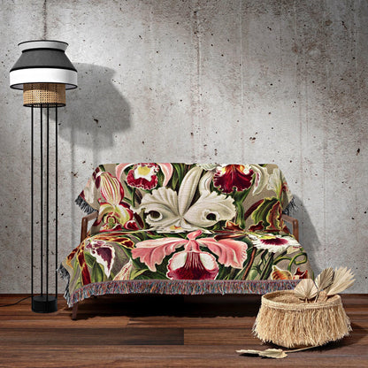 Maximalist Woven Tapestry | Orchid Flower Woven Blanket Vintage Art | Woven Throw Blanket | Vintage Floral Woven Blanket Maximalist Decor |