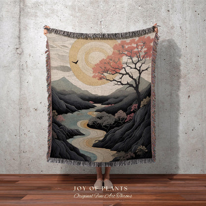 Japanese Landscape Mountain Sun Tapestry Woven Throw Blanket | Tree Tapestry Art Woven Blanket with Nature Japanese Aesthetic Artful Blanket