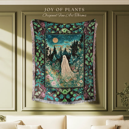 Ghostly Enchantment Wildflower Ghost Blanket | Harvest Moon Celestial Magic Gothic Tapestry Whimsical Cozy Home Decor Botanical Throw Witchy